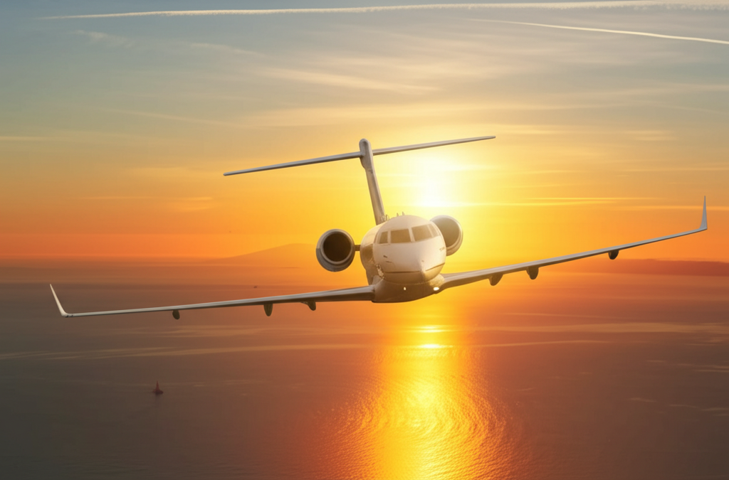 Empty leg private jet flight - luxury private jet flying at sunset
