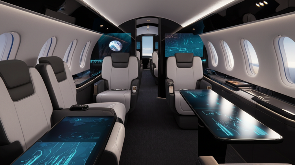 Luxury private jet flying over clouds