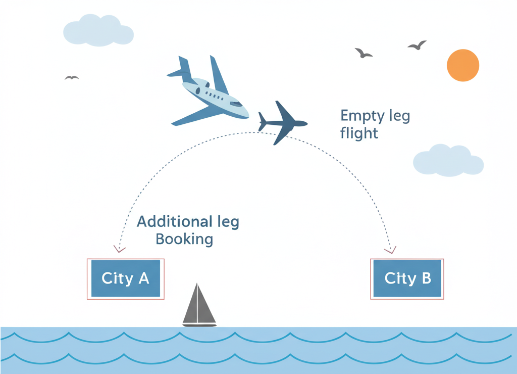 Diagram showing empty leg flight concept with aircraft repositioning between cities