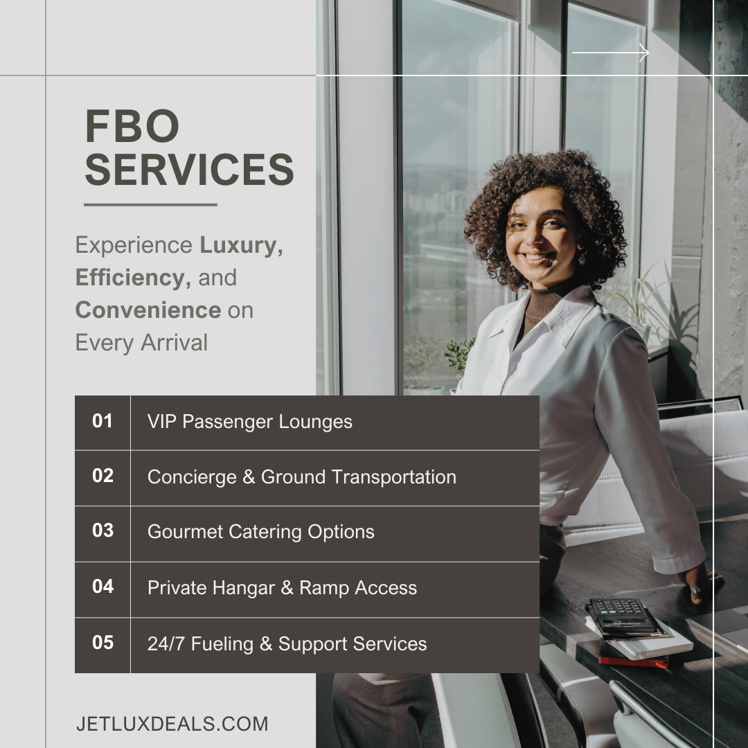 FBO Services infographic showing 5 key services: VIP Passenger Lounges, Concierge & Ground Transportation, Gourmet Catering Options, Private Hangar & Ramp Access, and 24/7 Fueling & Support Services