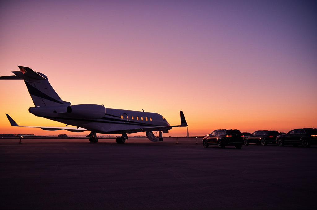 Heavy private jet on tarmac at sunset with luxury vehicles waiting nearby