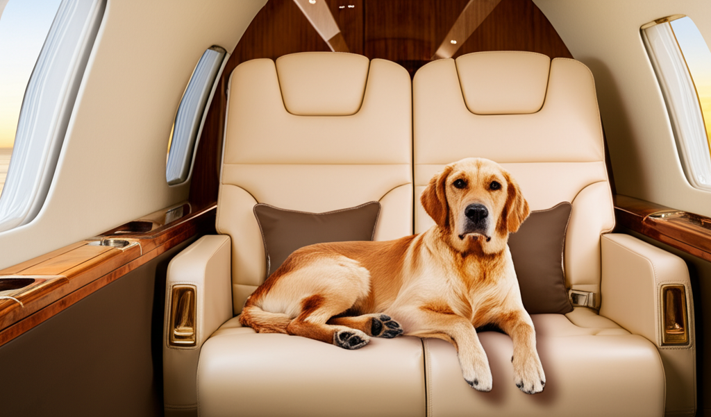 Golden retriever relaxing on leather seat in private jet cabin