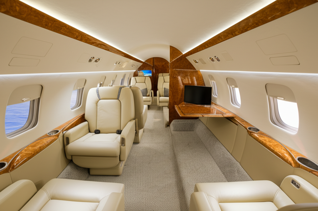 Luxury private jet with elegant interior cabin featuring cream leather seats and polished wood finishes