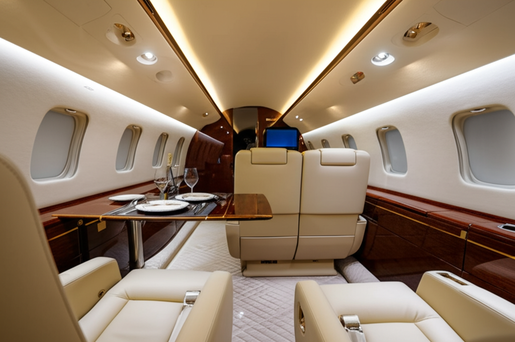 Midsize private jet interior with plush seating, ambient lighting, and refreshment center