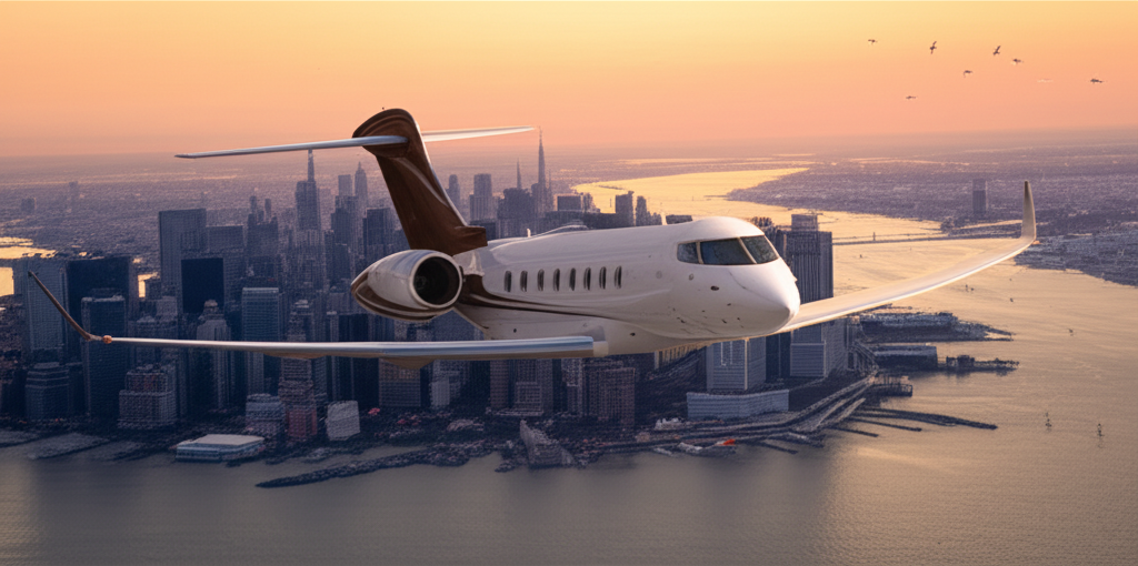Luxury private jet flying from New York to Los Angeles
