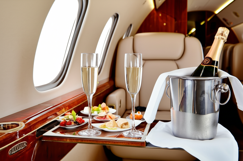 Luxury champagne service aboard private jet with crystal glassware and premium amenities