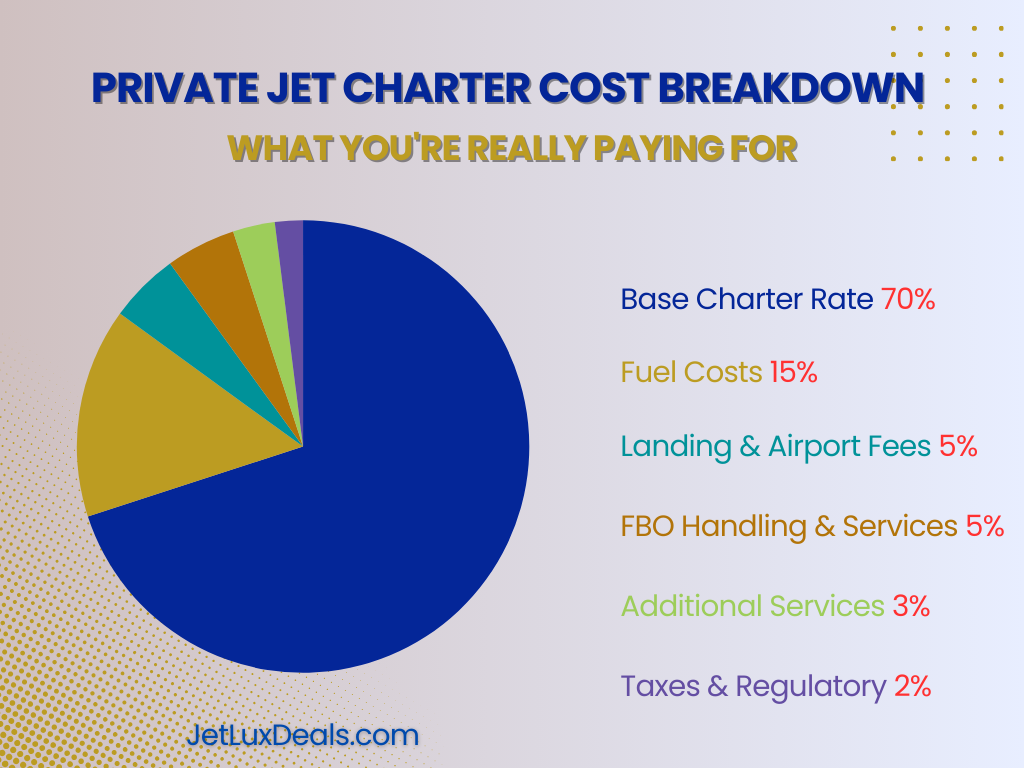 Private jet charter cost breakdown pie chart showing base charter rate 70%, fuel costs 15%, landing and airport fees 5%, FBO handling and services 5%, additional services 3%, and taxes and regulatory 2%