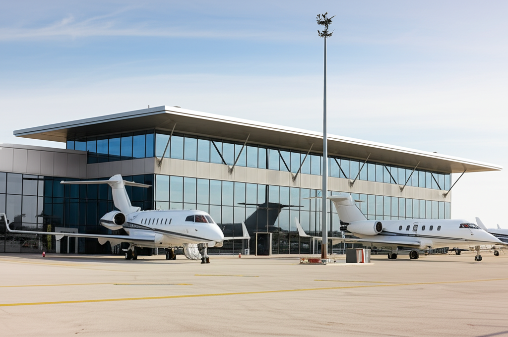 Luxury private jet terminal exterior with modern architecture and exclusive amenities