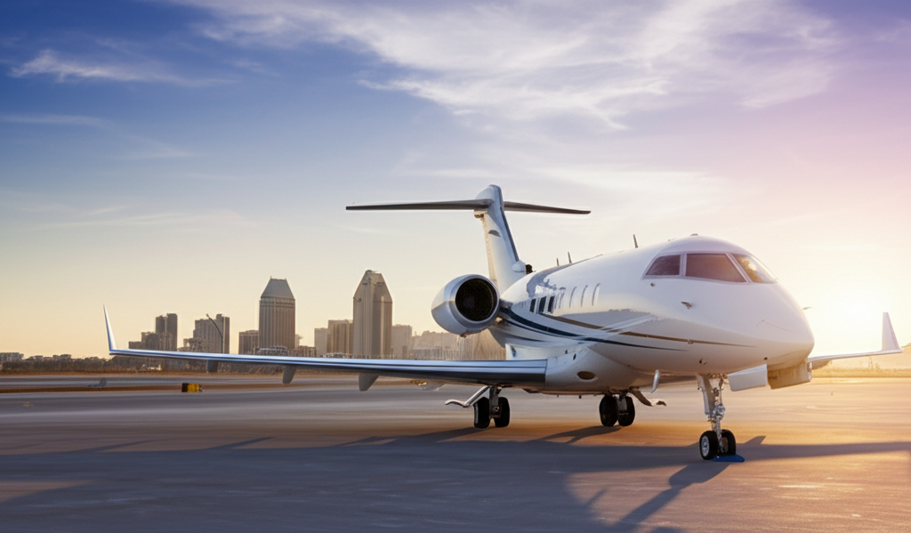 Private jet on tarmac with San Diego skyline in background