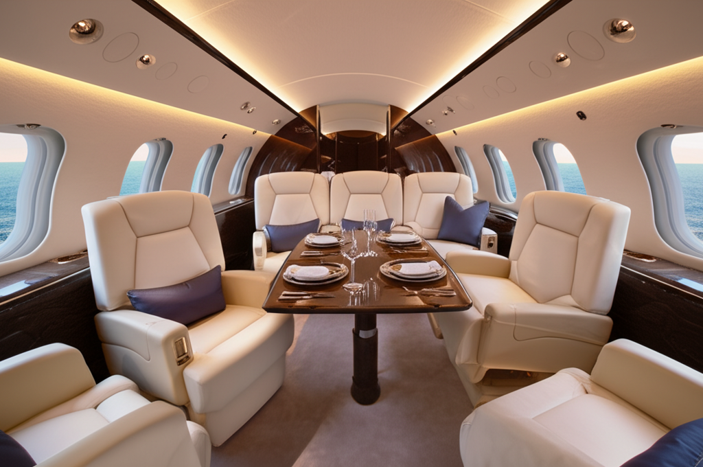 Ultra-long range private jet cabin with luxurious seating, dining area, and sleeping quarters
