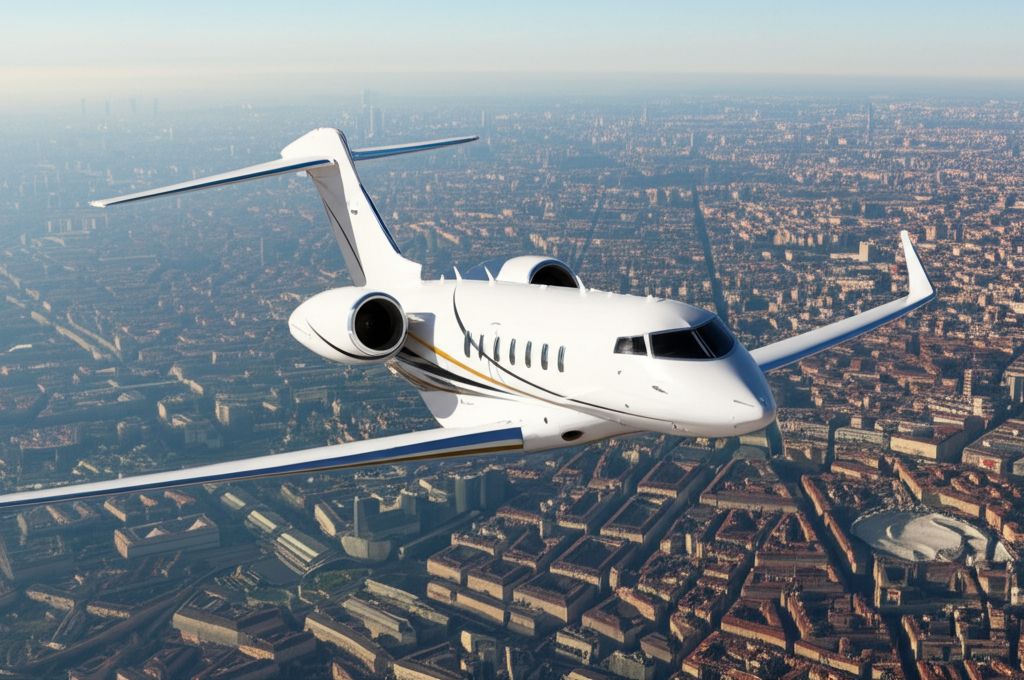 Private jet flying from Milan to Rome